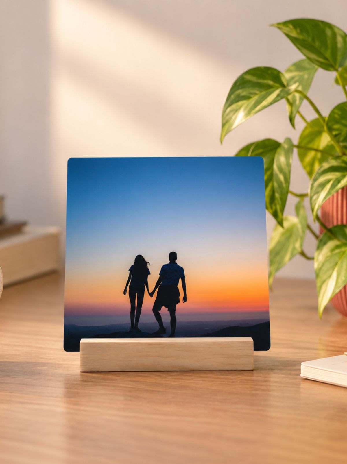 A metal desk print of a couple holding hands at sunset, standing on a wooden stand beside a plant